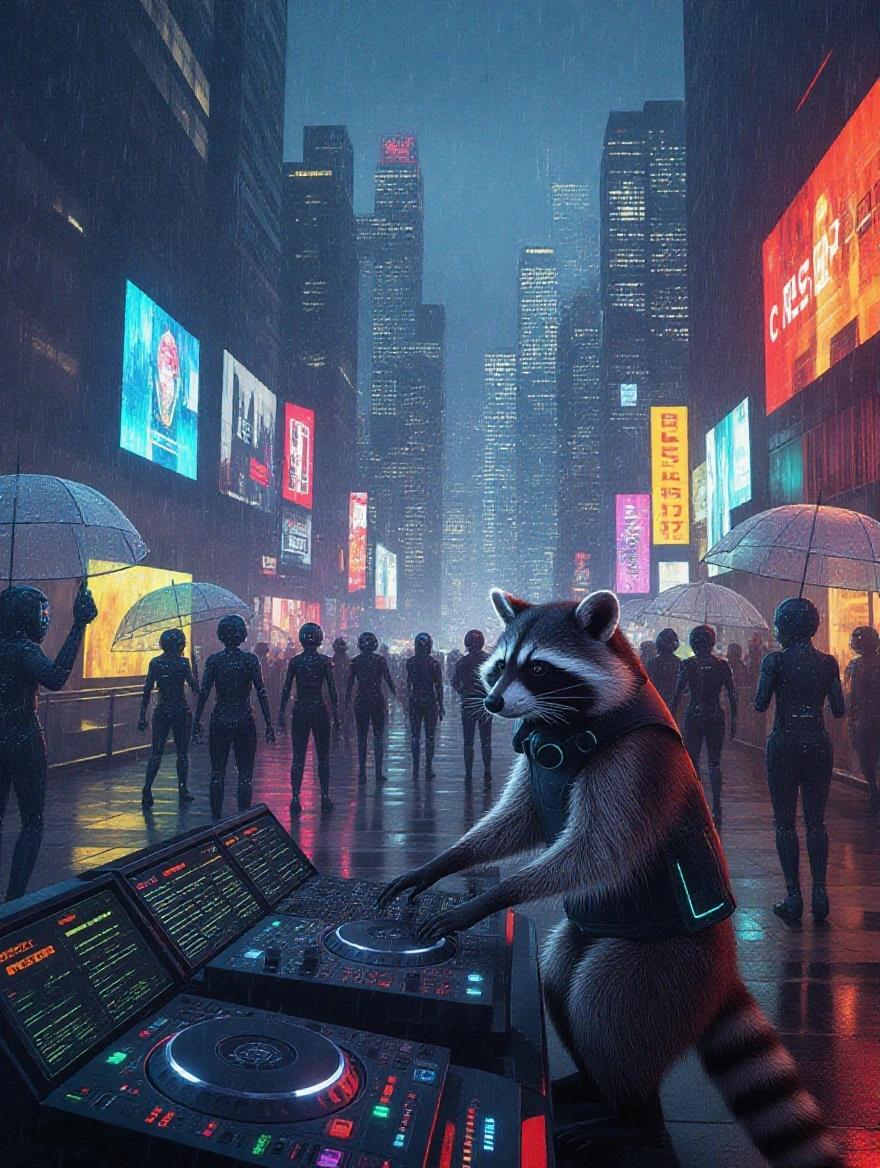 Rainy night scene in a futuristic city. Raccoon DJ mixes music from a digital console on a bridge. Background includes lasers, transparent umbrellas, and interactive advertising screens. Crowd of technological creatures gathers in the rain.