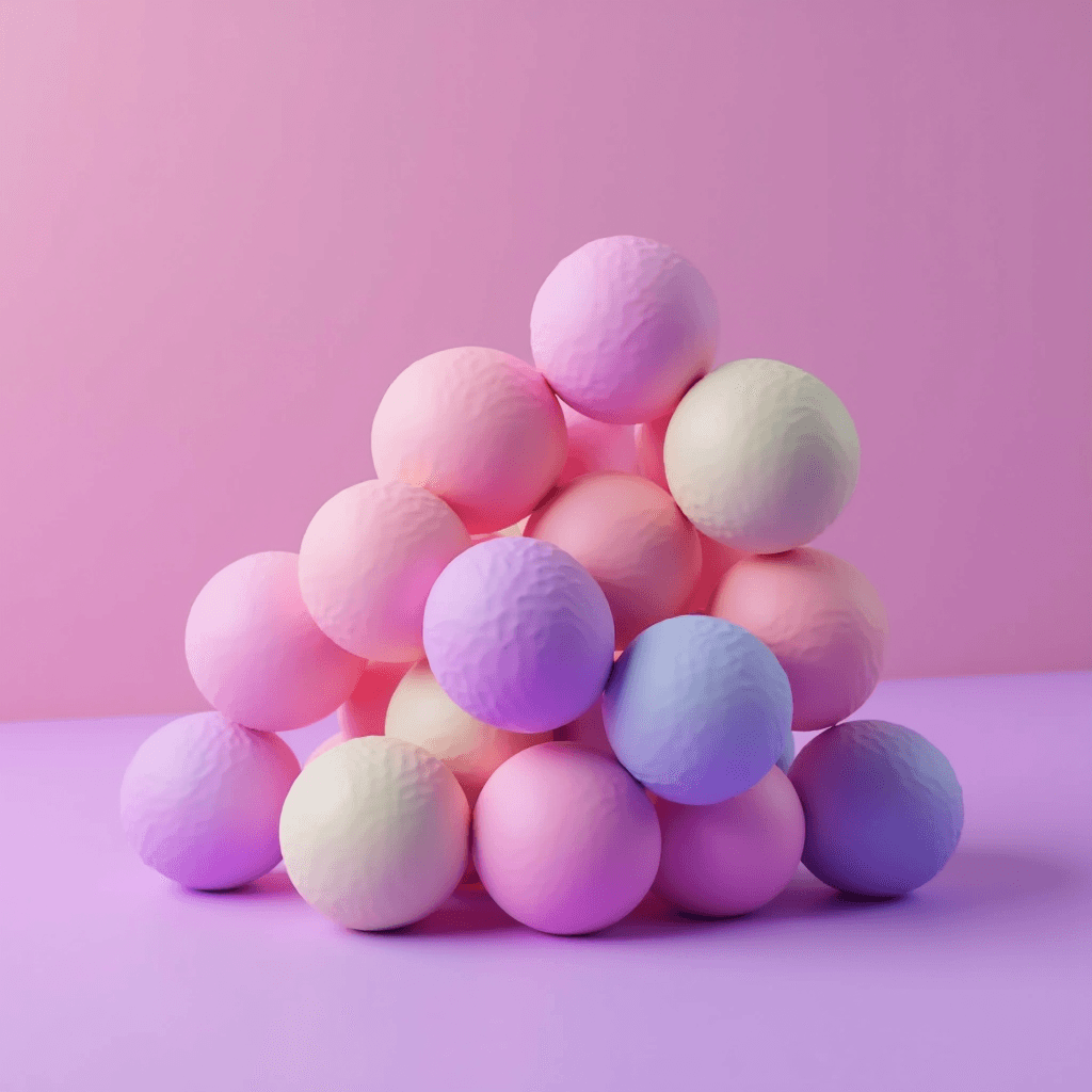 A stack of pastel-colored spheres against a pink backdrop, creating a soothing visual gradient.