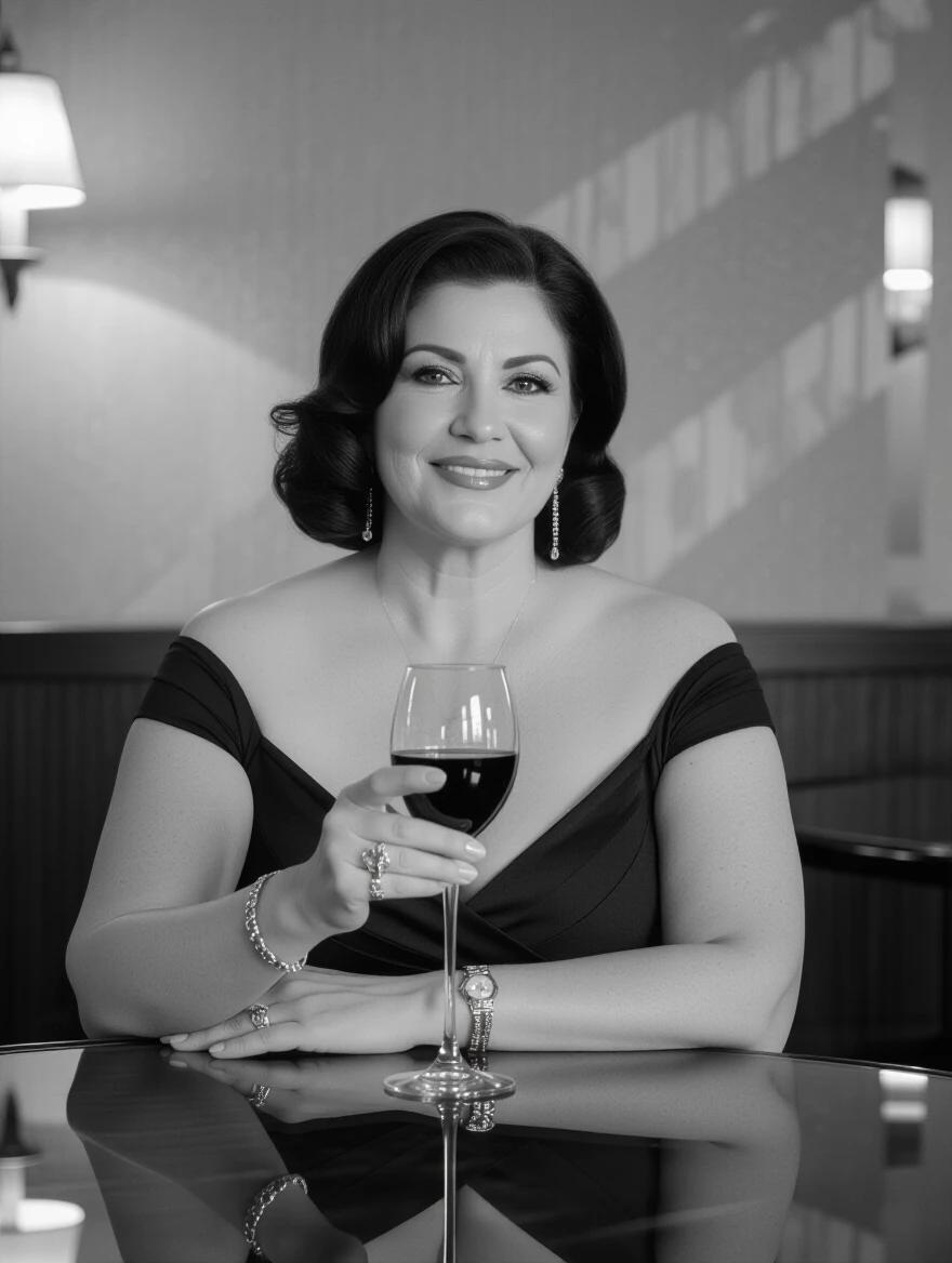 A woman sitting at a glass table with a glass of red wine. Elegant and voluptuous appearance. Not young or old. She wears a black off-shoulder dress. The ambiance is dark and surreal. The focus is on her graceful hand and the wine glass.
