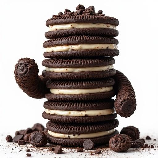 Hyper realistic depiction of a golem constructed from assorted Oreo cookies with a high level of detail. Design focuses on the cookie structure and features an arm made of a cookie as well as broken cookies on the base. Image rendered in PNG, high quality, aspect ratio of 9:16.