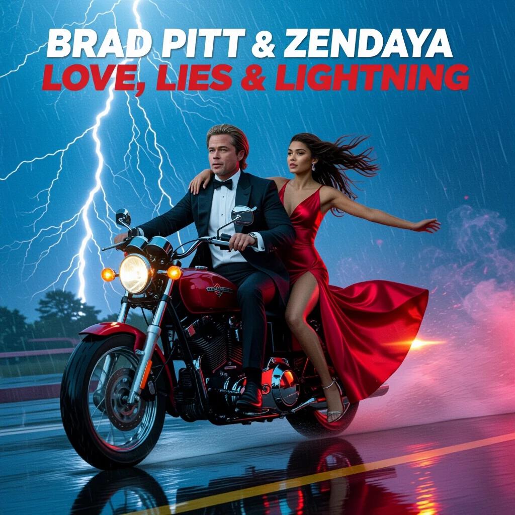 Explosive technicolor poster reminiscent of 1980s romance-action. Brad Pitt in a torn tuxedo on a motorcycle with Zendaya in his arms. Lightning cracks behind them. Her red satin dress is whipped by the wind. Title reads: Brad Pitt & Zendaya in LOVE, LIES & LIGHTNING. Flashy lens flare with cinematic smoke and film grain overlay.