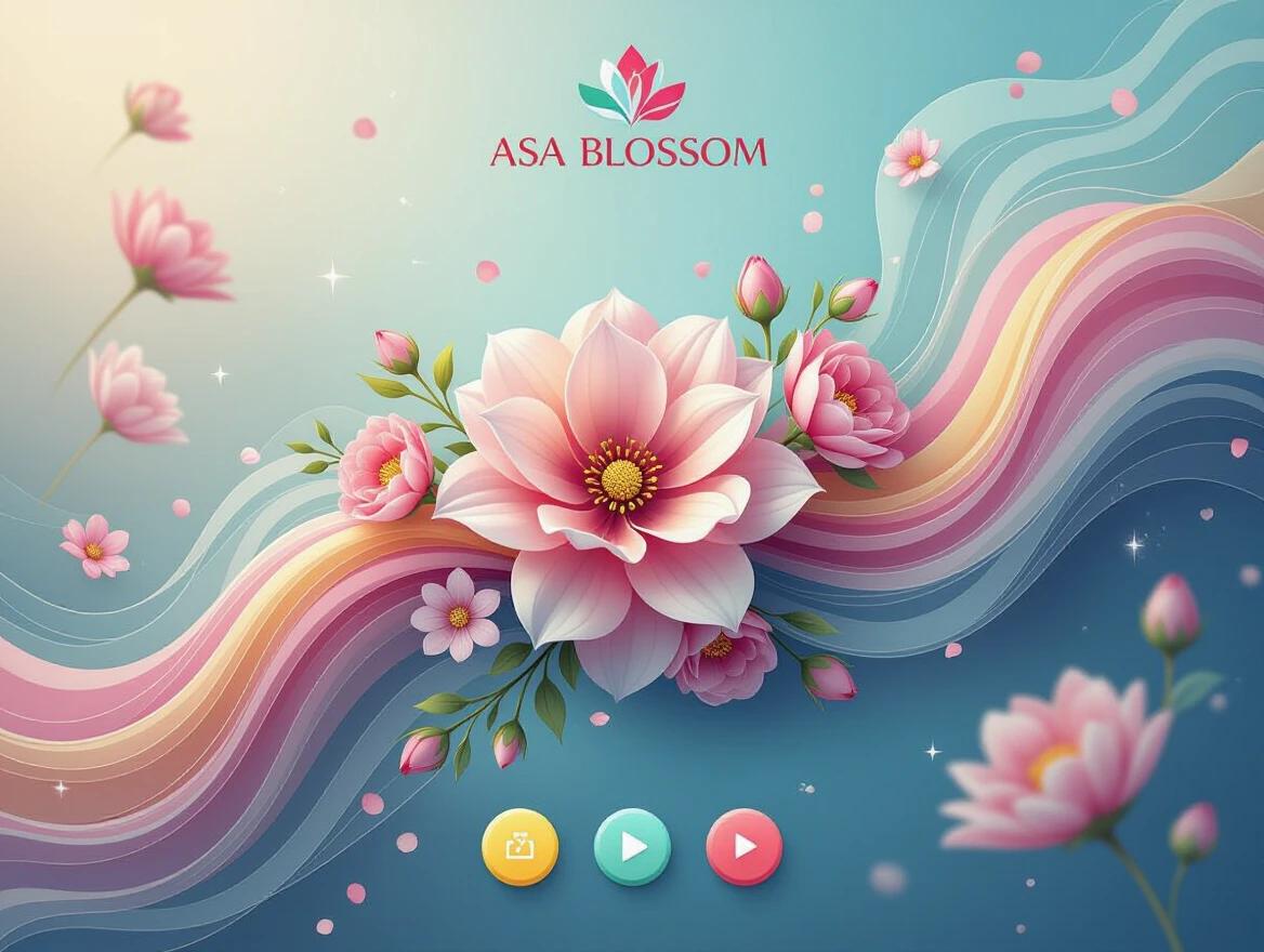 A beautiful floral arrangement with a long wavy line. Elements float in a magical and surreal manner. The colors are vivid creating a dreamlike atmosphere. The logo titled ASA BLOSSOM is prominently displayed at the top. At the bottom, three colorful buttons are arranged.