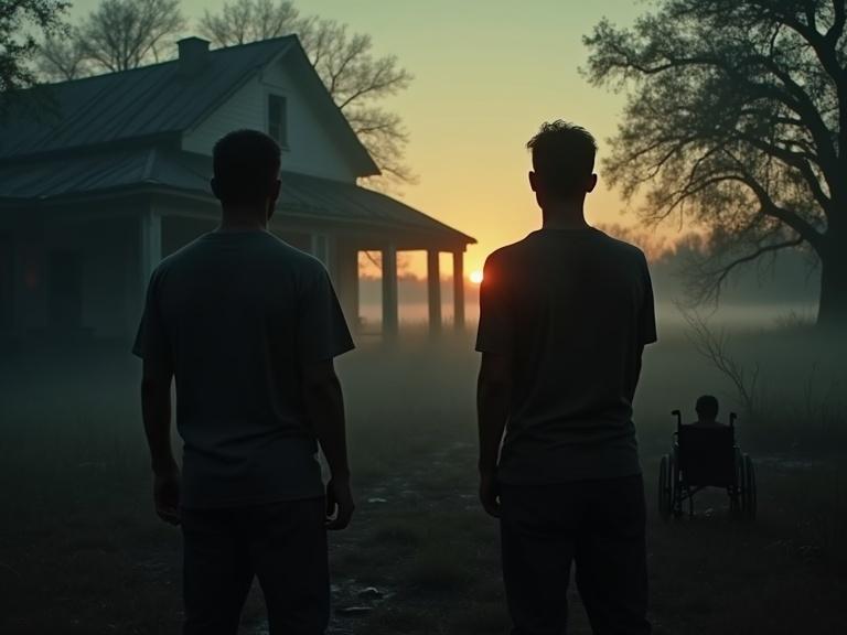 Haunting Southern Gothic scene at twilight with a dilapidated farmhouse in Louisiana swamps shrouded in mist. Two estranged brothers stand in the foreground with their backs turned. A shadowy figure in a wheelchair is barely visible through a cracked window. Atmosphere is tense and mysterious.