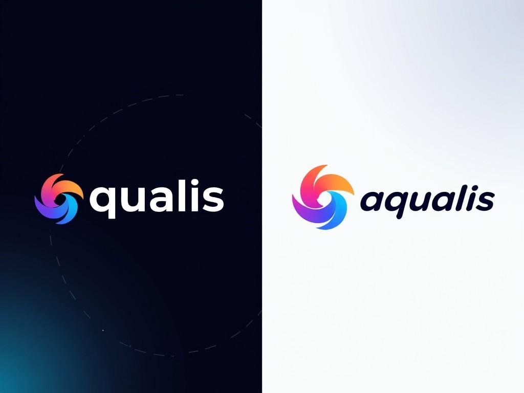 This image features two logos side by side: the left side presents the logo for 'qualis', and the right showcases 'aqualis'. Both logos incorporate vibrant colors and a circular swirl design, symbolizing creativity and innovation. The left logo is set against a dark background, while the right logo contrasts with a light background. The font used is modern and sleek, enhancing the overall aesthetic. The combination of colors and shapes is visually striking, capturing attention and evoking a sense of professionalism and modernity.