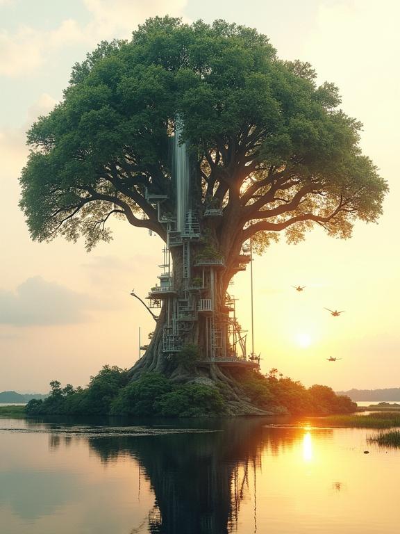 Double exposure art featuring an ancient tree showcasing a futuristic city within. The cityscape aligns with the branches, including hanging gardens and waterfalls with flying vehicles. A reflective pond mirrors the scene under sunset light.