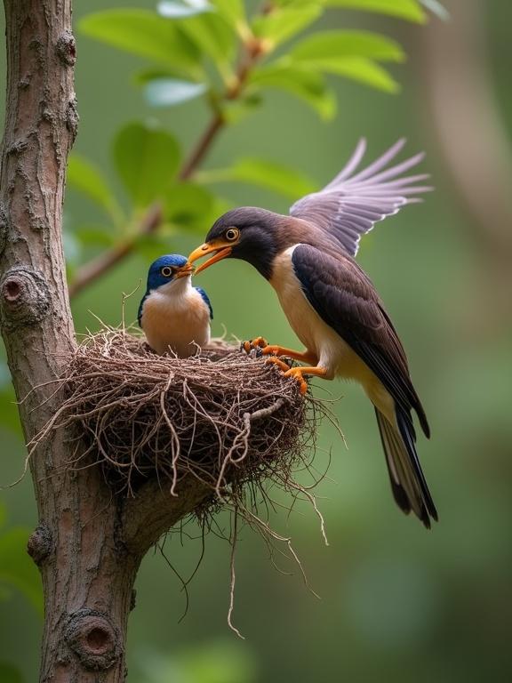 A predatory bird is interacting with a smaller bird in its nest. One bird is feeding the other. They are perched on a tree branch surrounded by green leaves.