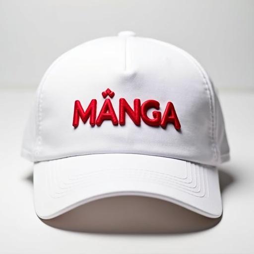 White cap with red embroidery displaying the word MÄNGA. The cap is viewed from the front. A simple and clean background enhances the focus on the cap.