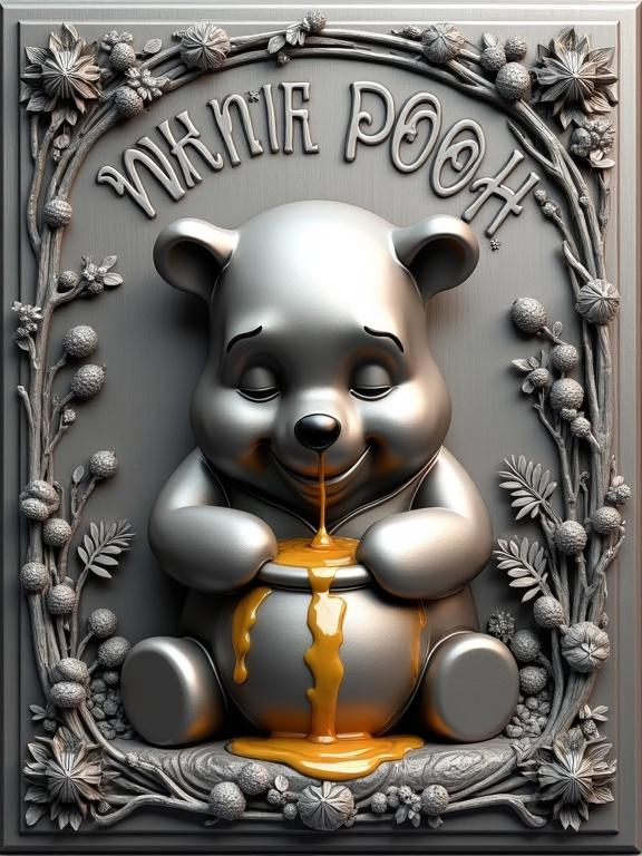 Hyperrealistic digital rendering of a steel relief plaque with Winnie the Pooh. Pooh holds a honey pot, honey flowing around his paws. Subtle forest patterns decorate the background. Sturdy border features floral filigree and honeybee engravings. Name 'WINNIE POOH' in bold serif letters above him.