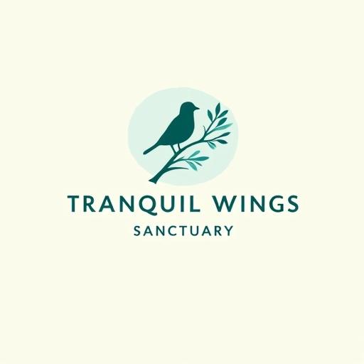 A logo design called 'Tranquil Wings Sanctuary'. Features a bird on a branch. Blue-green as the main color. Elegant and simple. Soft off-white background. Dark blue text. Modern and clean font style. Symbolizes peace and nature.