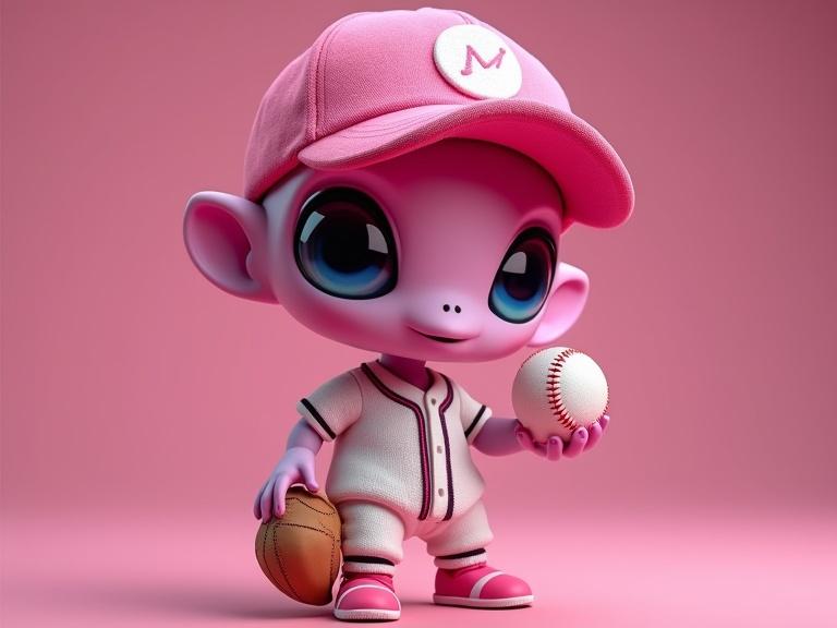 Chibi alien with pink skin, wearing baseball cap and uniform. Short and round, shaped like a sphere. Holding baseball. High detail and photorealistic appearance.