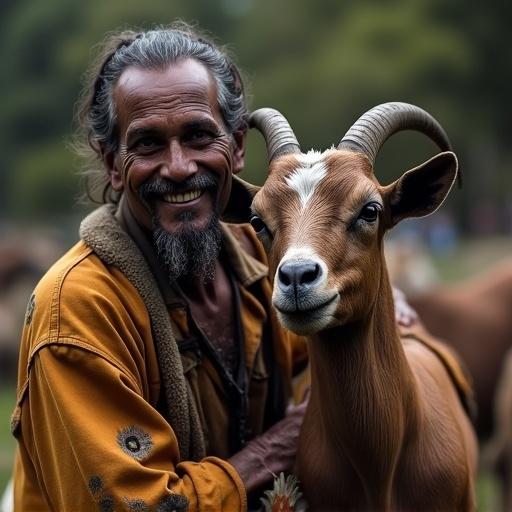 Photo of a smiling man posing closely with a goat. The man has a welcoming demeanor. Both subjects are engaging the camera. Vivid natural surroundings.
