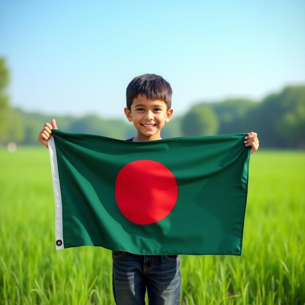 A young boy holds the flag of Bangladesh. The background is a green field. The boy is smiling while showcasing the flag.