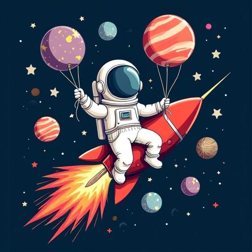 Funny astronaut graphic design with cheerful astronaut in space holding planets as balloons and riding a rocket. Vibrant colors, stars, and cosmic elements surround the astronaut. Ideal for T-shirts and clothing.