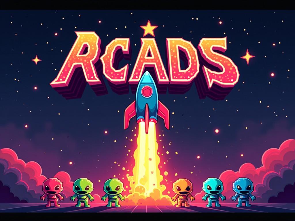 A colorful retro-style arcade poster featuring cute cartoon aliens in various colors standing beneath a rocket blasting off into space. The background is filled with stars and vibrant colors, and the word 'ARCADS' is prominently displayed at the top in a bright, bold font.