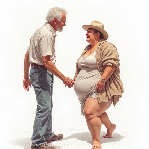 Full body view of two figures on a white background. An elderly skinny man interacts with a plus-sized woman. Characters express emotions and actions. Good lighting and composition. Realistic color pencil drawing with high detail.
