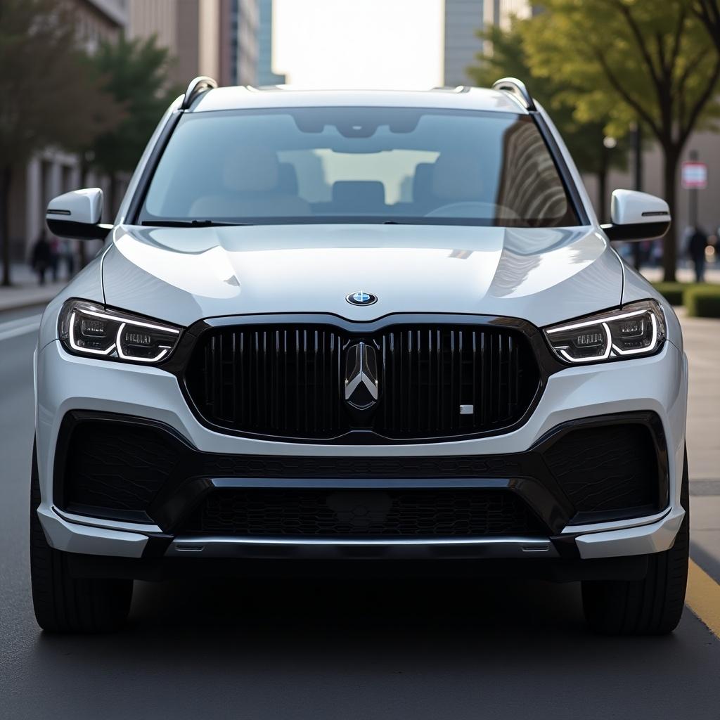 The front of the vehicle showcases a bold grille with the manufacturer's logo prominently displayed. Sleek headlights with integrated daytime running lights flank the grille, enhancing visibility and adding a modern touch. The hood is often sculpted with aerodynamic lines, contributing to the vehicle's overall design. This stunning SUV combines functionality with style, making it a popular choice among luxury car enthusiasts. The use of high-quality materials and advanced automotive technology is evident from its impressive front design. Ideal for urban environments, it strikes a balance between elegance and performance.