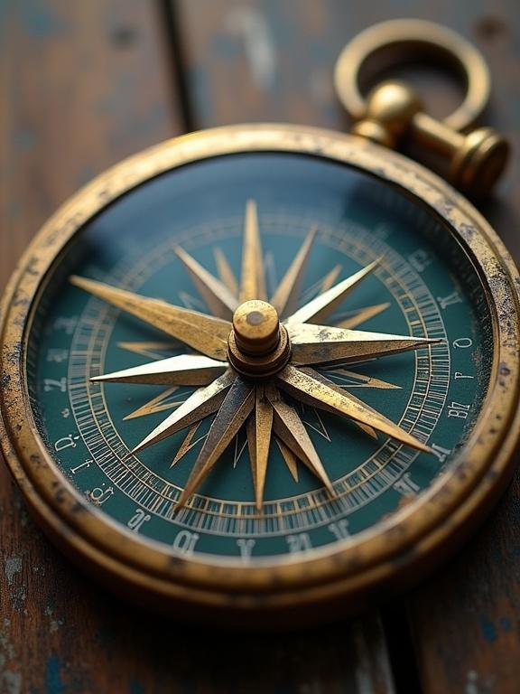 Close-up of a vintage compass on weathered wooden surface. Compass features an ornate needle. Centered design with golden accents. Shows directions with intricate detail. Combines beauty and functionality.
