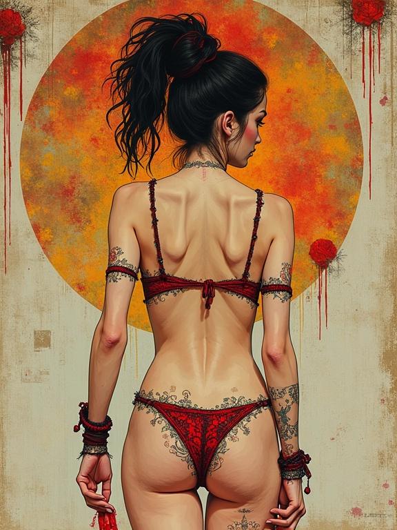 Artistic representation of a woman with tattoos wearing a ripped red bikini. Influences from punk culture and prominent artists. Rear view showing body art and aesthetic details.