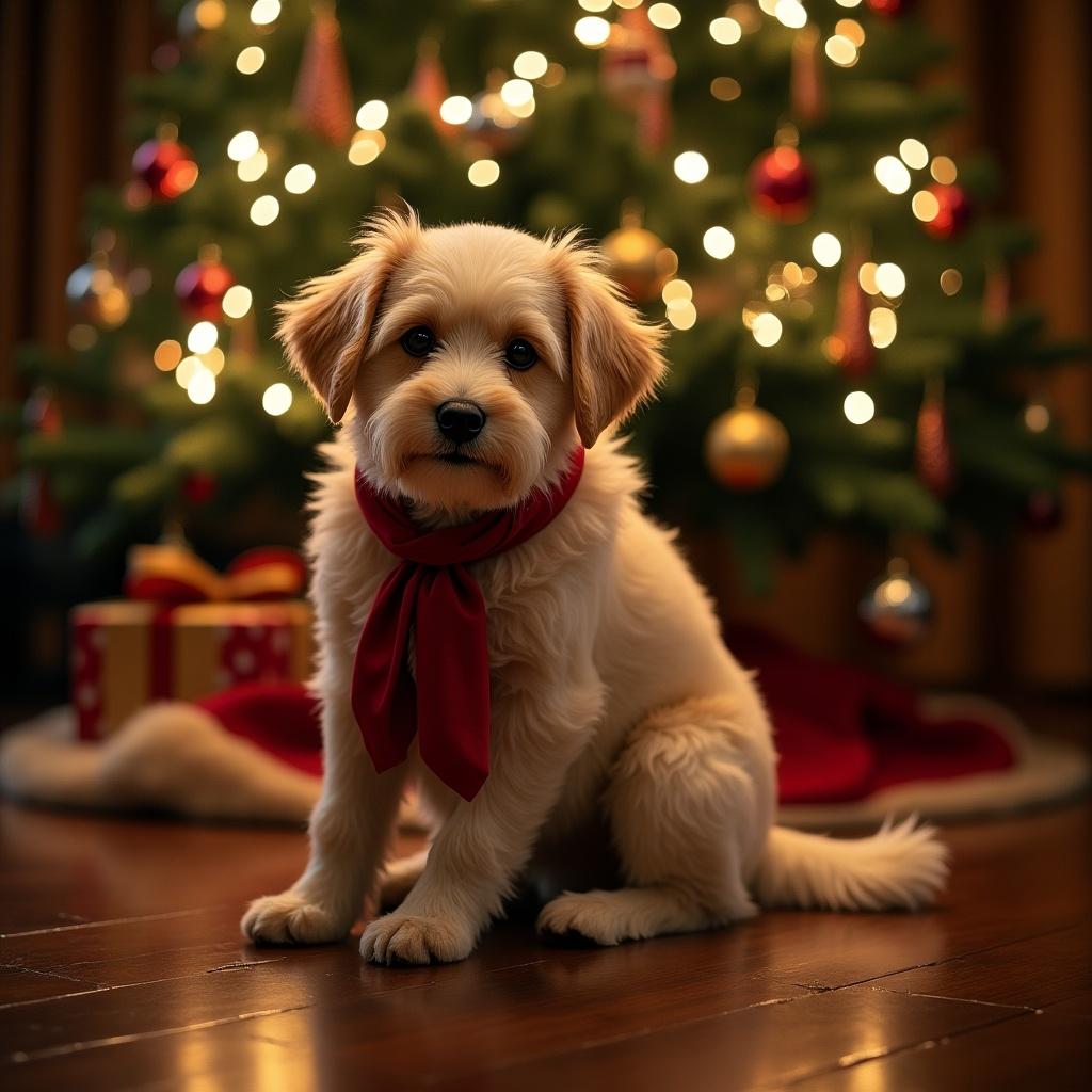 A golden retriever puppy sits beside a Christmas tree. The puppy wears a red scarf. The tree is adorned with ornaments and lights. Presents are placed nearby. The scene conveys a warm holiday atmosphere.