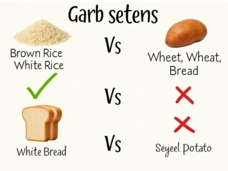 Image comparing healthy carb options. Brown rice versus white rice. Whole wheat bread versus white bread. Sweet potato versus regular potato. Checkmark for better choices and crosses for less healthy options.