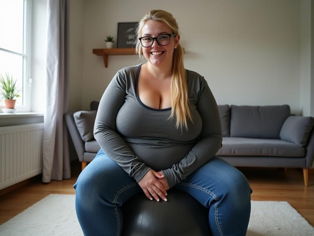 In a cozy Danish living room setting, a beautiful young woman sits on an underinflated transparent black exercise ball. She has long, flowing blonde hair styled in a ponytail and wears glasses. Clad in a tight-fitting long-sleeved top and comfortable jeans, she exudes warmth and confidence as she smiles at the viewer. The room features a gray sofa and plants, adding to the modern and inviting look. Natural light fills the space, enhancing the inviting atmosphere.