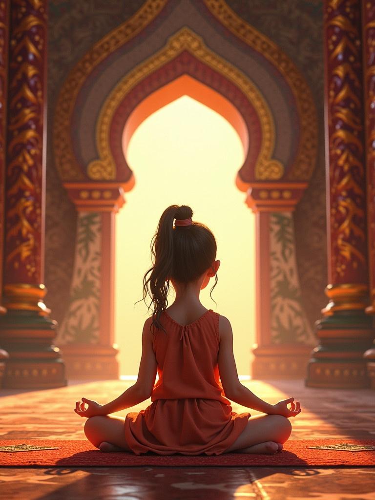 Young girl sits cross-legged meditating in a temple. Beautifully decorated temple interior surrounds her. Soft light shines through an archway behind her creating a serene atmosphere.