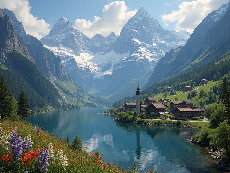 small town in Swiss Alps with wildflowers and snow capped mountains beside a lake surrounded by greenery