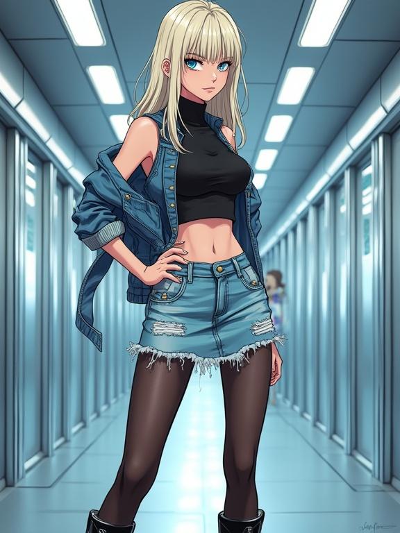 A full-body anime-style illustration features a tall woman resembling Android 18. She has a sharp jawline and icy blue eyes. Skin is flawless. Hair is straight and platinum blonde, cut at chin length. Wears a black crop top, ripped denim skirt, tights, and black boots. A denim vest drapes over her shoulders. She poses confidently in a futuristic corridor.
