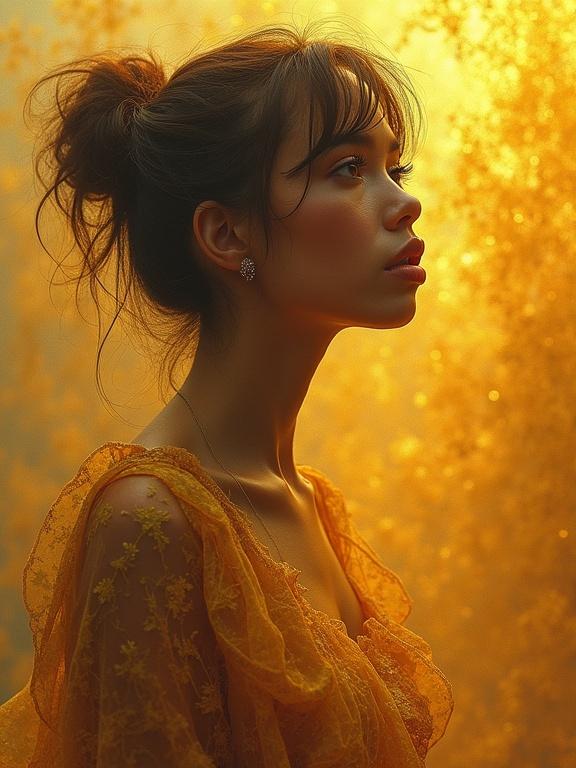 A stunning see-through portrait of a woman in a warm, golden setting. The subject's profile displays deep emotion. The warm hues create an ethereal glow. The background has abstract, moving patterns. High-quality, ultra-sharp details.