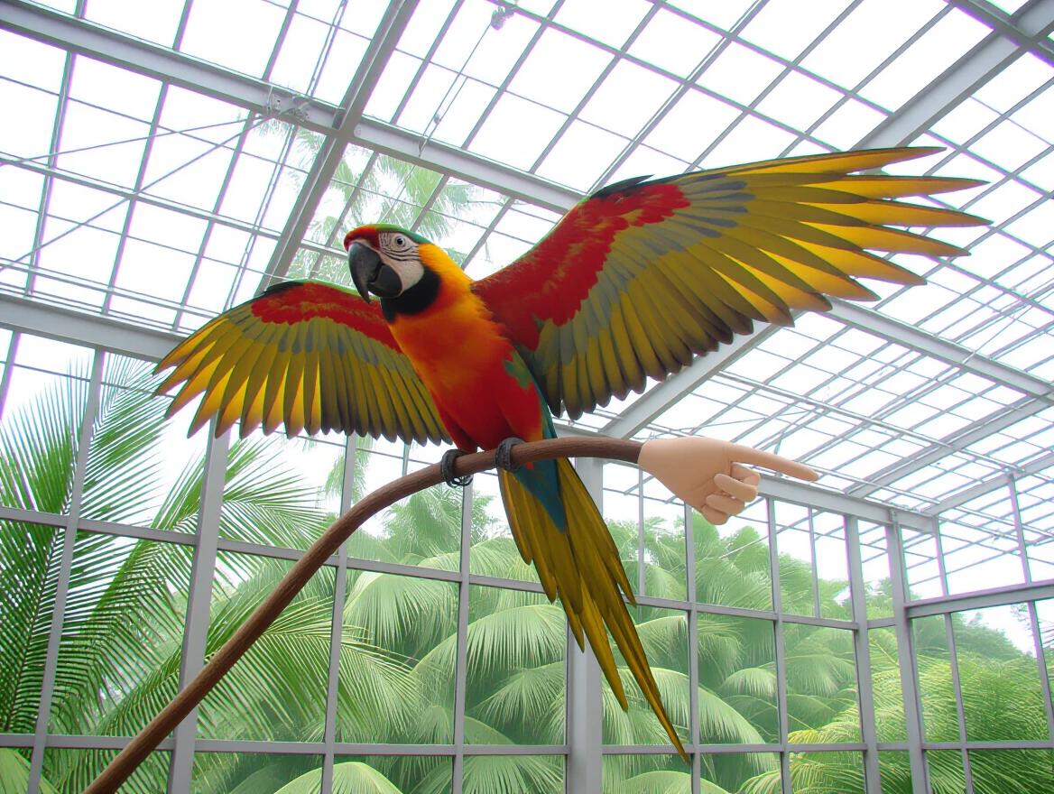 A colorful parrot perched on a slender branch. Its left wing resembles a human hand. The setting features a glass ceiling with light pouring through. Lush palm plants are in the background.