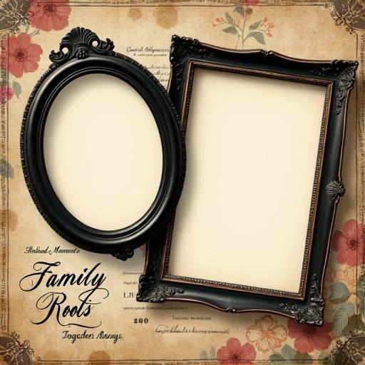Square-format collage with vintage family theme. Two black frames styled as an oval frame and a rectangular frame. Frames are empty and overlapping. Background has aged paper, tea-stain patterns, and pressed flower illustrations. Includes English words in cursive fonts like Cherished Moments and Family Roots.