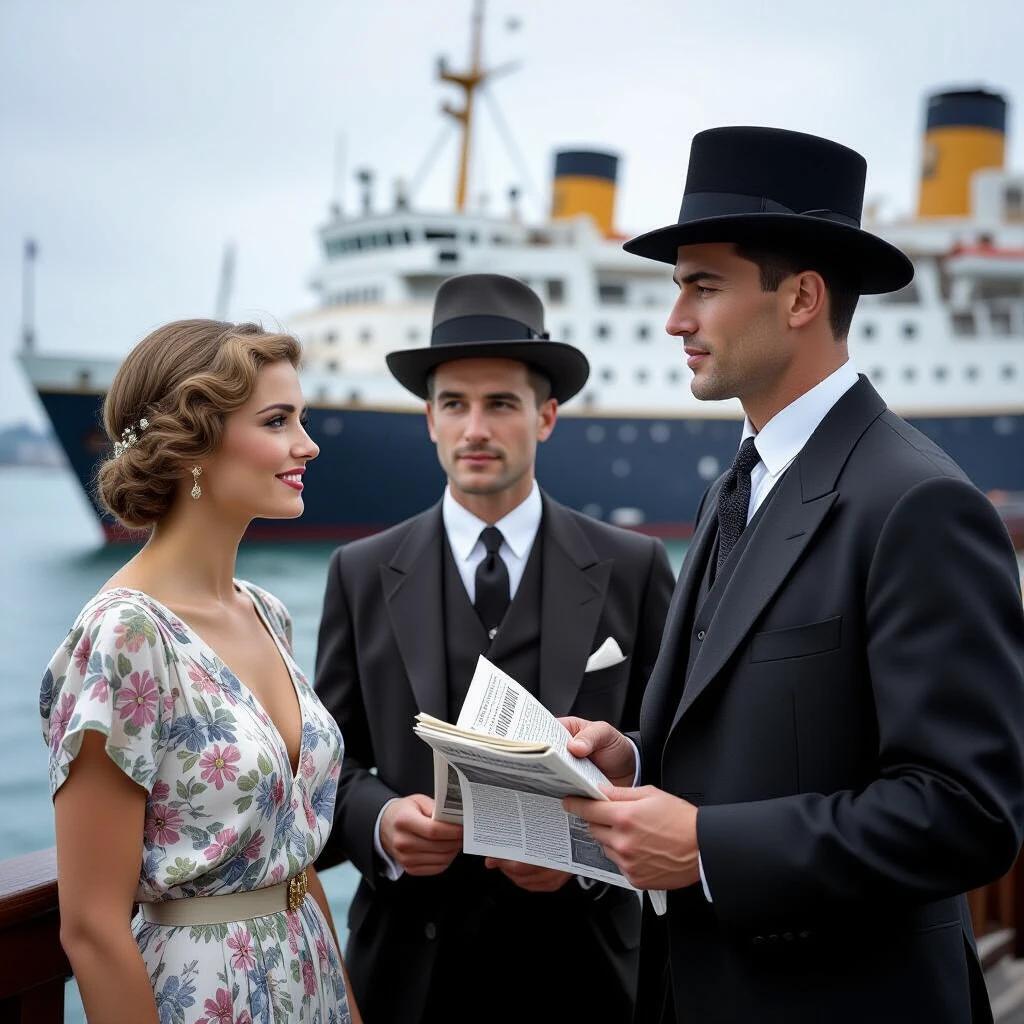 Archive photograph showcasing a group of people on the deck of the SS Île de France in 1928. The setting features Art Deco elements prominently. A beautifully dressed woman engages with two men in formal attire. Visible newspaper headlines can be read. Captured in a high-quality Hasselblad H6D-100c image. Ocean waves with a characteristic spray in the background adding to the ambiance.