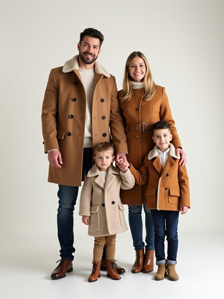 Stylish family stands closely together. Parents wear fashionable coats. Children have matching outfits. Background is minimalistic. They share smiles while holding hands. Emphasis on coordinated fashion without distractions.