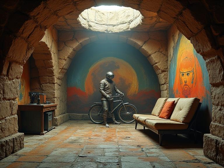 A photography captures an underground gothic chamber full of murals. A futuristic figure stands by an aetherpunk bicycle. Deep lighting creates an ethereal atmosphere. Murals depict a Musketeers portrait and a Viking helmet from Mars. The chamber balances both historical and futuristic elements.