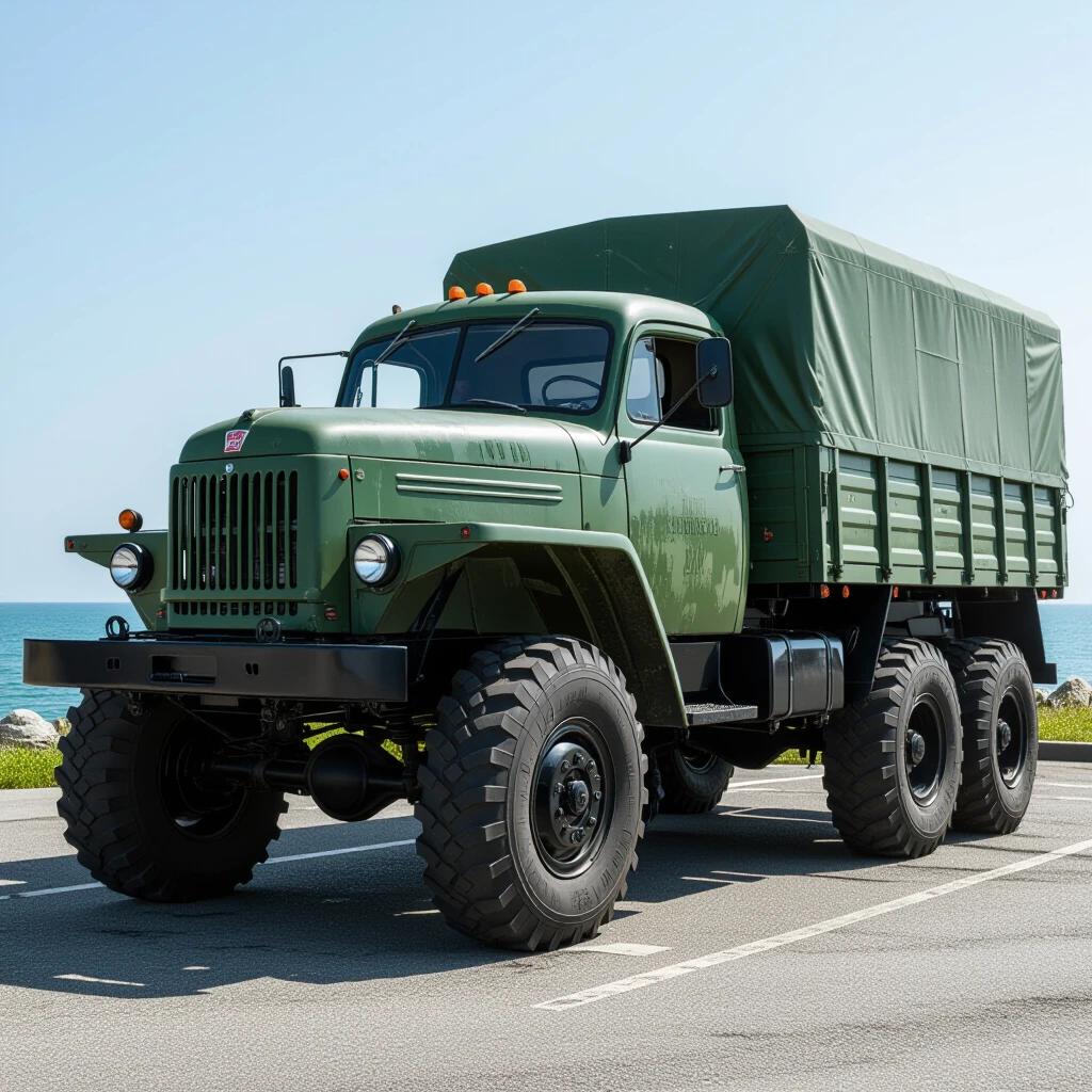 Large 1950s Soviet truck parked at ocean coast. Truck takes up 90 percent of the frame. Turbocharged with huge wheels for off-road travel. Spectrum detail captured in sunlight. Water droplets rest on the truck's hood with visible paint texture. Turquoise ocean waves crash against cliffs.