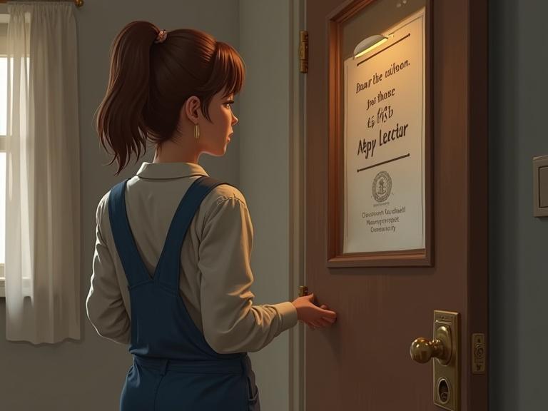 Aria-R is a 17-year-old female with chestnut brown hair in a short ponytail. She wears everyday clothing. She stands outside a doctor's door labeled 'Doctor Don Cardwell, Neuropsychologist'. All year long she has been failing and might be dyslexic. It takes all her willpower to be there, feeling terrified while gathering courage to enter.