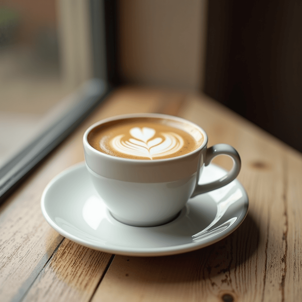 A cup of coffee with intricate latte art sits on a wooden table by a window.