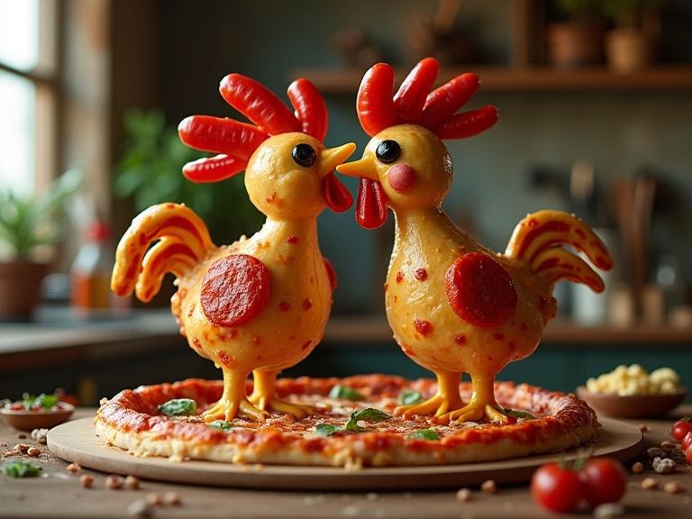 A whimsical pizza art scene featuring two chicken figures made entirely of pizza toppings. Each chicken has a crust body and pepperoni wings. They kiss on a pizza peel. Surrounded by a rustic kitchen setting. Ingredients scattered on the counter. Warm light enhances the playful atmosphere. The overall style is detailed and fun.