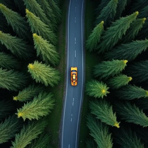 Top down aerial view of a dense forest with tall trees surrounding a curved road. An orange-yellow race car drives along the road. The scene has a dark green tone with a slight fade effect.