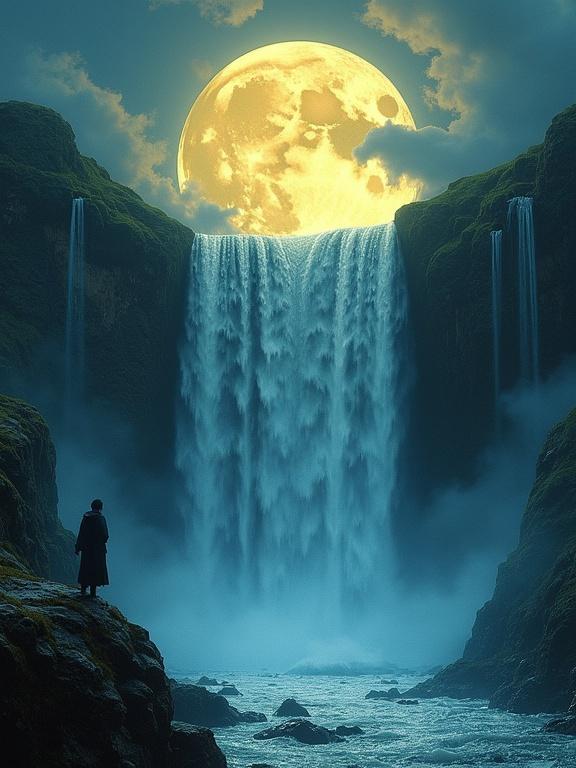 Waterfall cascading from a large, glowing moon above with a person standing in admiration near the water's edge. Dramatic scenery features vibrant deep colors of yellow and blue, infused with magical realism.