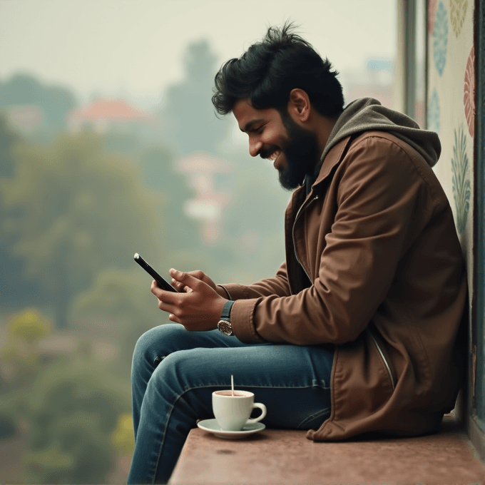 A man is sitting on a ledge, smiling at his phone, with a cup of coffee beside him.