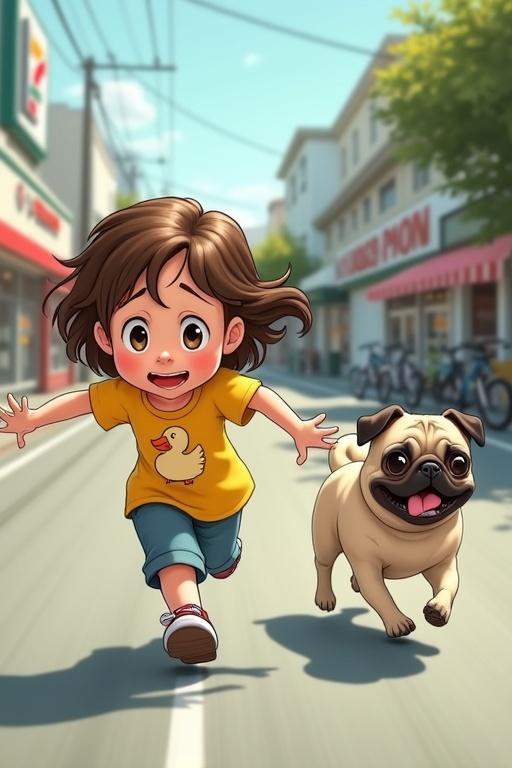 The image shows a cartoon girl and a pug running on a street. The girl has brown hair and is wearing a yellow shirt with a duck on it. She appears scared and is running away. The pug is running alongside her with its tongue sticking out and looks happy. In the background, there is a 7-Eleven store and some bicycles.