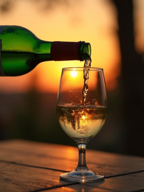 Close up shot of a green bottle of wine pouring white wine into a glass. Outdoor table setting at sunset. Warm dimly lit atmosphere with extreme sunset lighting. High detail with enhanced visual richness. Clear view of the wine bottle.