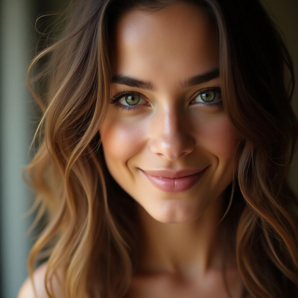 A woman smiles softly with striking eyes and wavy hair. Natural light illuminates her face gently.