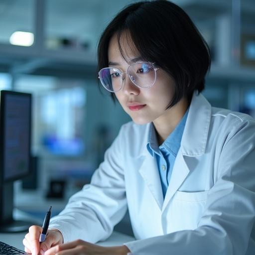 Female scientist with short hair wearing a lab coat. Diligently looking at a computer screen in a laboratory setting.