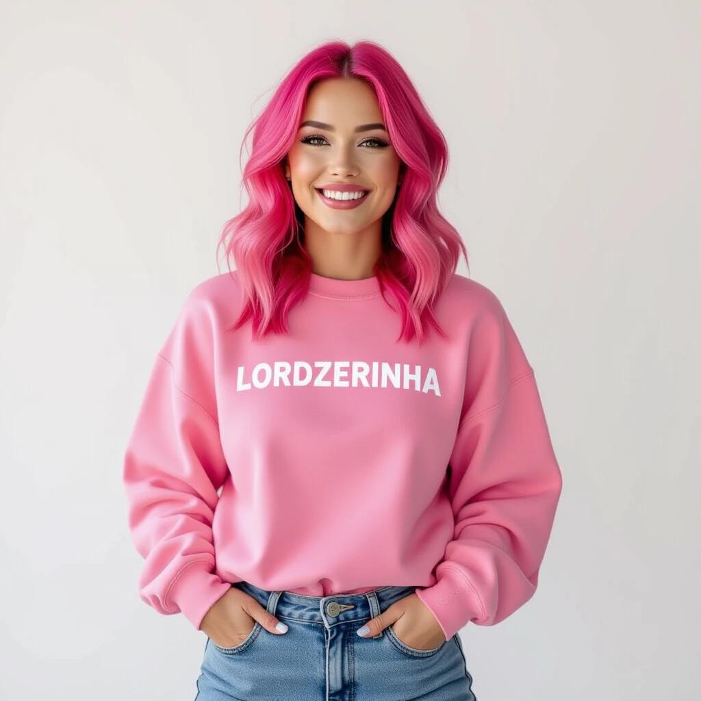 A woman has pink hair. She wears a pink sweatshirt printed with LORDZERINHA. The background is light and neutral. Her outfit is laid-back and trendy. She poses confidently with arms crossed. The image captures her stylish appearance.