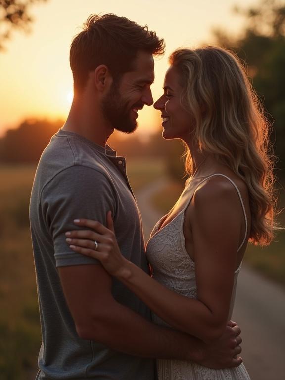 A beautiful woman expresses deep love to her man. They share sweet words as they text each other. The moment is filled with affection and warmth during a sunset.