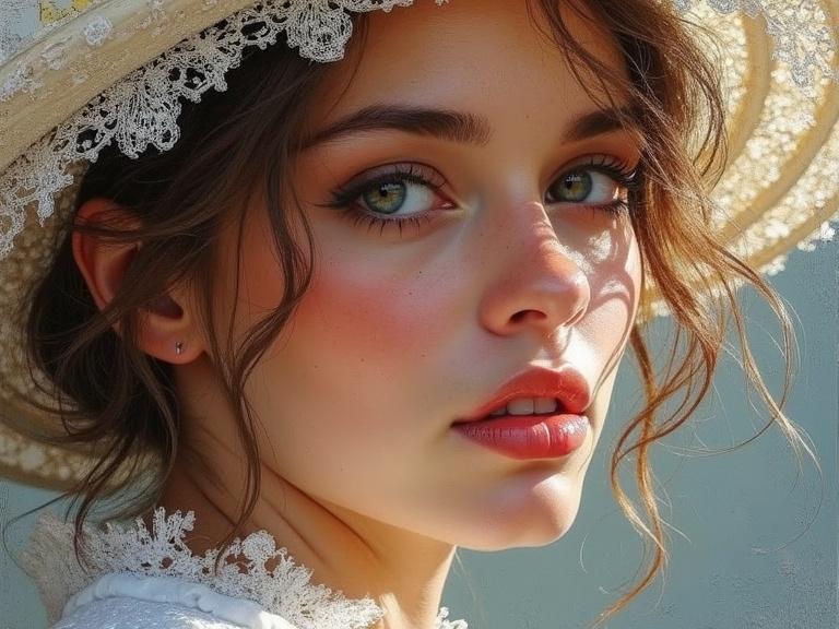 Close-up of a woman's face with a soft expression. She has freckles and luscious lips. Hair styled loosely under a straw hat. The background is blurred.