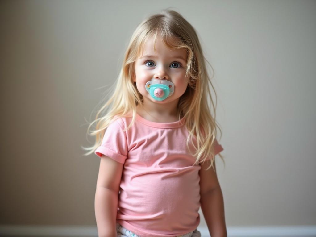 A 4-year-old girl with long blonde hair. She wears a pink shirt and diapers. A pacifier is in her mouth. She looks directly at the camera.