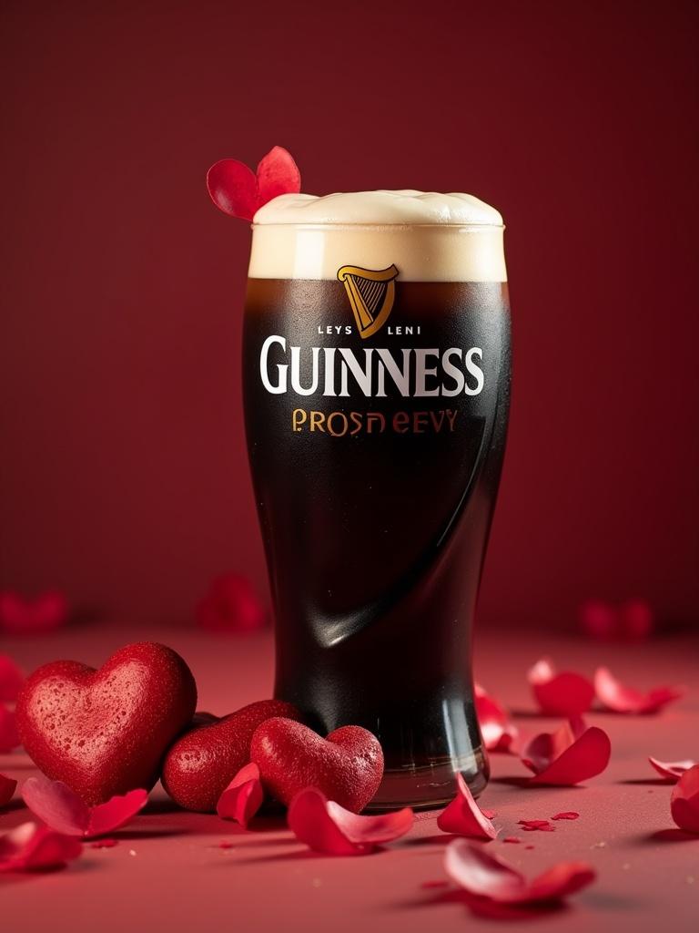 A pint of Guinness glass is filled with dark beer. Heart-shaped decorations are around the glass. Rose petals are scattered on a flat surface. The background is a rich red color.